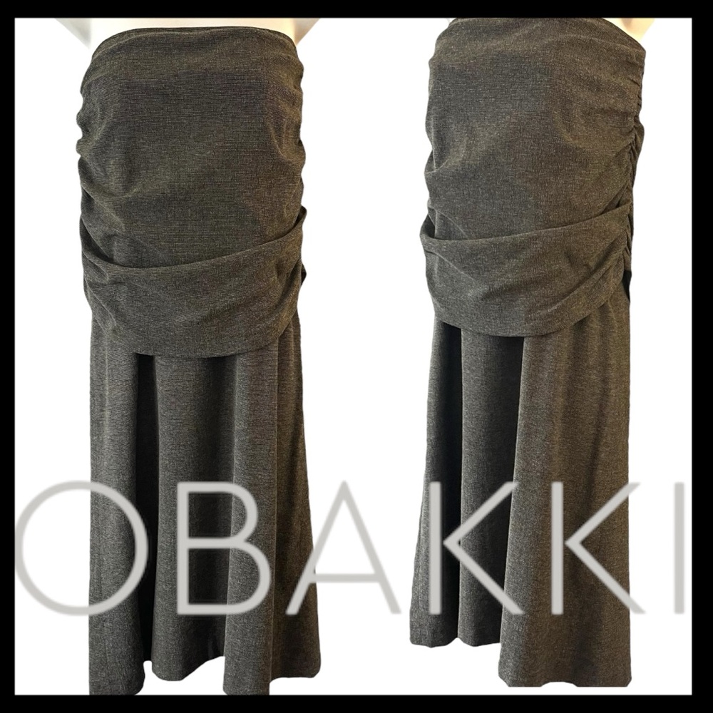 Obakki Black/Tan Tweed Strapless Ruche Layered Top A-Line Midi Dress (2)